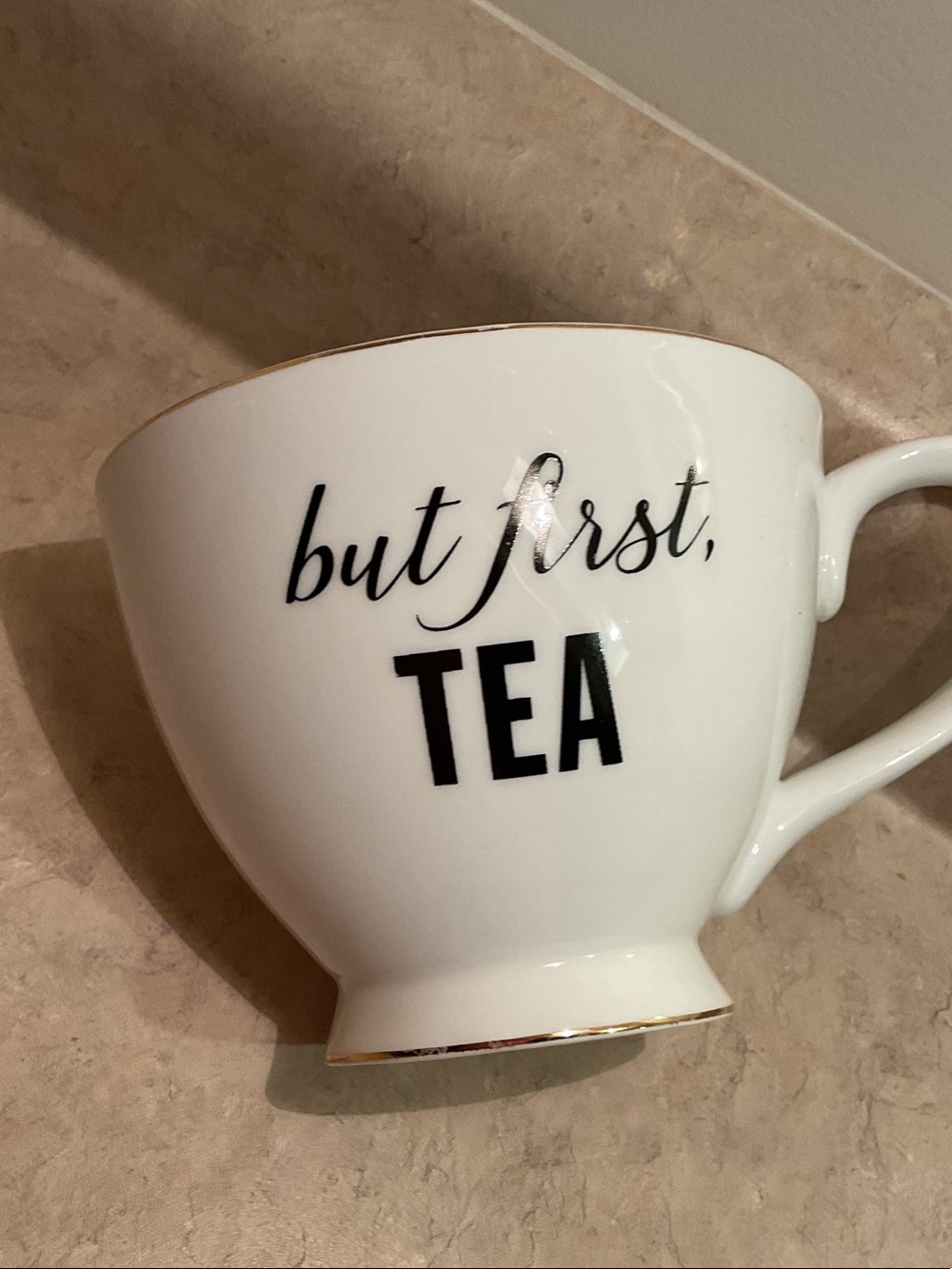 Indigo White Ceramic Tea Mug with Black Lettering and Gold Rim